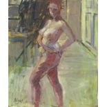 Pat ALGAR (British 1939-2013) A posing nude, Oil on board, Signed lower left, Unframed, 12" x 10/