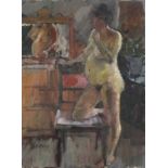 Pat ALGAR (British 1939-2013) Nude Study - Pregnant lady with one leg kneeling on a chair, Oil on
