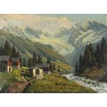 E* JANIN (Swiss 20th Century) Alpine Pastures with a Mountain Stream, Oil on canvas, Signed lower