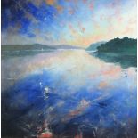 Richard Lannowe HALL (British b.1951) Helford Dawn & Moon, Mixed media on boar d, Signed with