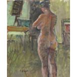 Pat ALGAR (British 1939-2013) Rear view of a standing Female Nude, Oil on board, Signed lower