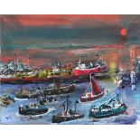 Roy DAVEY (British b. 1946) Newlyn Boats Gathering before a Storm, Acrylic on canvas, Signed lower