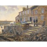 Richard BLOWEY (British b.1947) Figures Mousehole Harbour, Oil on canvas, Signed lower left, 11.5" x