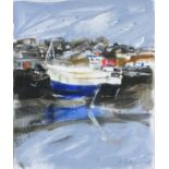 Jessica BRIGHT (British b.1950) Fishing Boat at Newlyn Quay I, Mixed media on board, Signed &