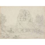 William Alfred DELAMOTTE (British 1775-1863) Figure Passing Wenlock Abbey, Pencil, Signed lower