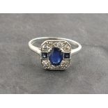 An art deco style sapphire and diamond ring, the square plaque shaped mount on an 18ct white gold