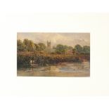 19th Century English School Figures in a Punt with a Country Church Beyond, Watercolour, 6" x 9.
