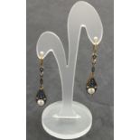 A pair of sapphire, diamond and pearl drop ear pendents, kite shaped, 3.5g