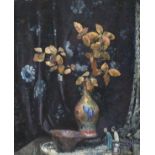 Nina HILL (British 1877-1970) Blue and Gold - flowers in in oriental vase, Oil on canvas, Signed