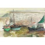 Fred YATES (British 1922-2008) Fishing Vessels in a Cornish Harbour, Watercolour, Signed lower