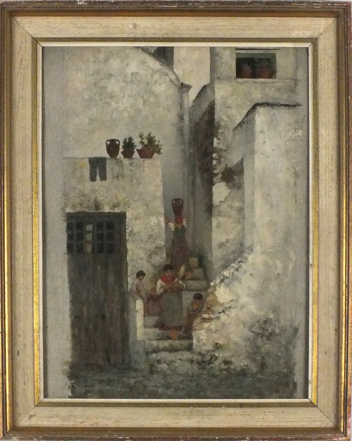 Reginald MILLS? (British 20th Century) Steps in  South European Town, Oil on canvas, 15.25" x 11. - Image 2 of 2