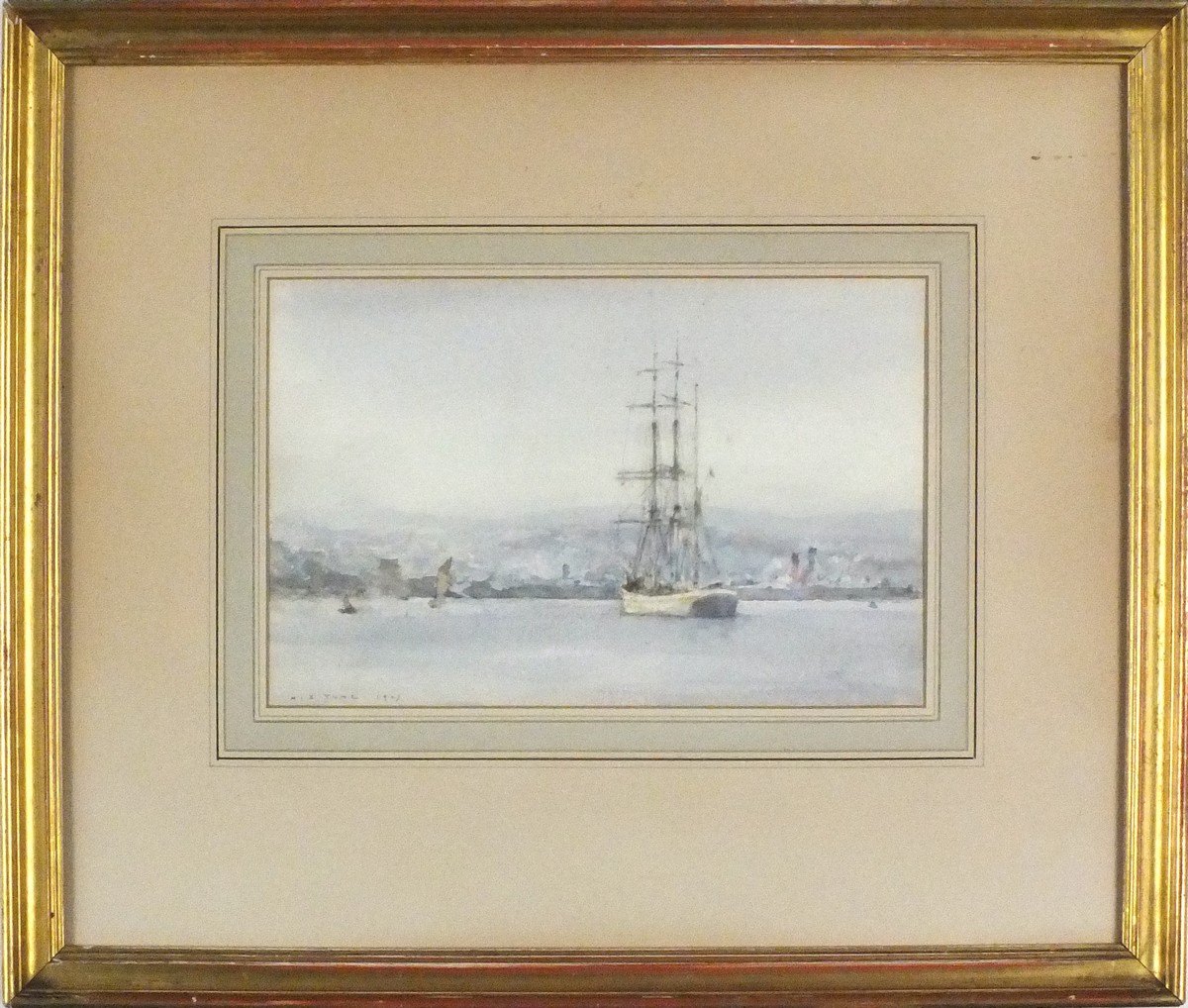 Henry Scott TUKE (British 1858-1929) Barque at Anchor opposite Falmouth, Watercolour, Signed and - Image 2 of 2