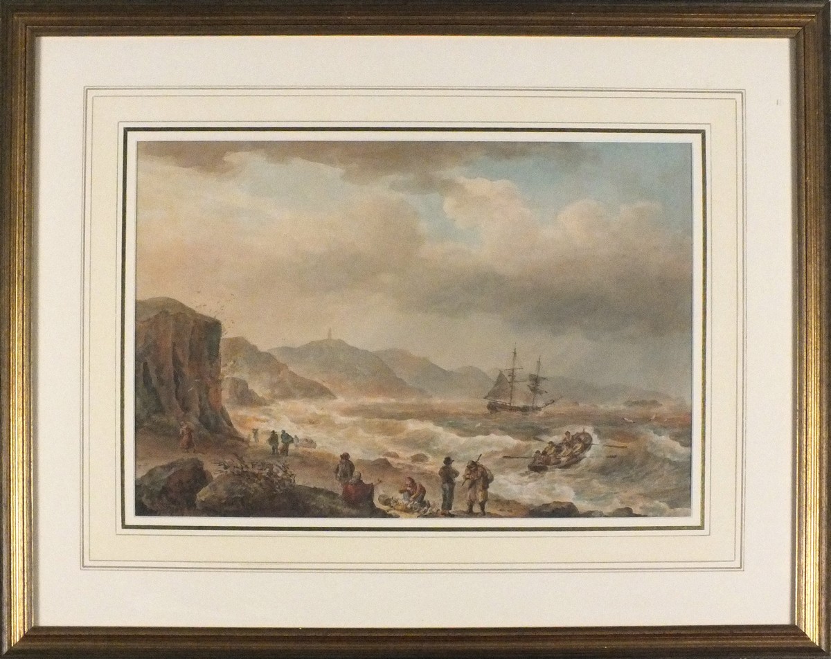 Nicolas POCOCK (British 1740-1821) Landing the Fish - Figures on a shoreline with a large vessel - Image 2 of 2