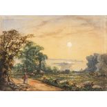 19th Century British School Figure on a Country Path with a Harbour Beyond, Watercolour, 9.5" x 13.