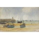 W S TOMKIN (British early 20th century) A Wet Morning St Ives, - low tide with fishing vessels,
