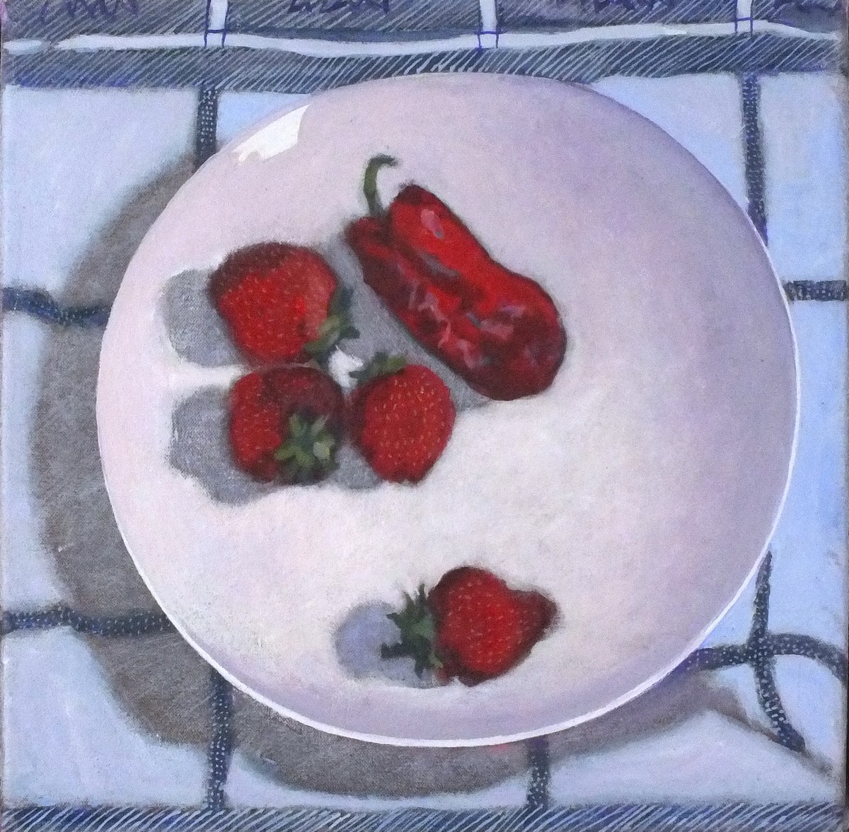 Margaret DEAN (British b.1939) Still life - Strawberries & Pepper, Oil on canvas, Titled, signed &