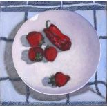 Margaret DEAN (British b.1939) Still life - Strawberries & Pepper, Oil on canvas, Titled, signed &