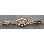 A 9ct gold amethyst and seed pearl pin brooch