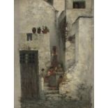 Reginald MILLS? (British 20th Century) Steps in  South European Town, Oil on canvas, 15.25" x 11.