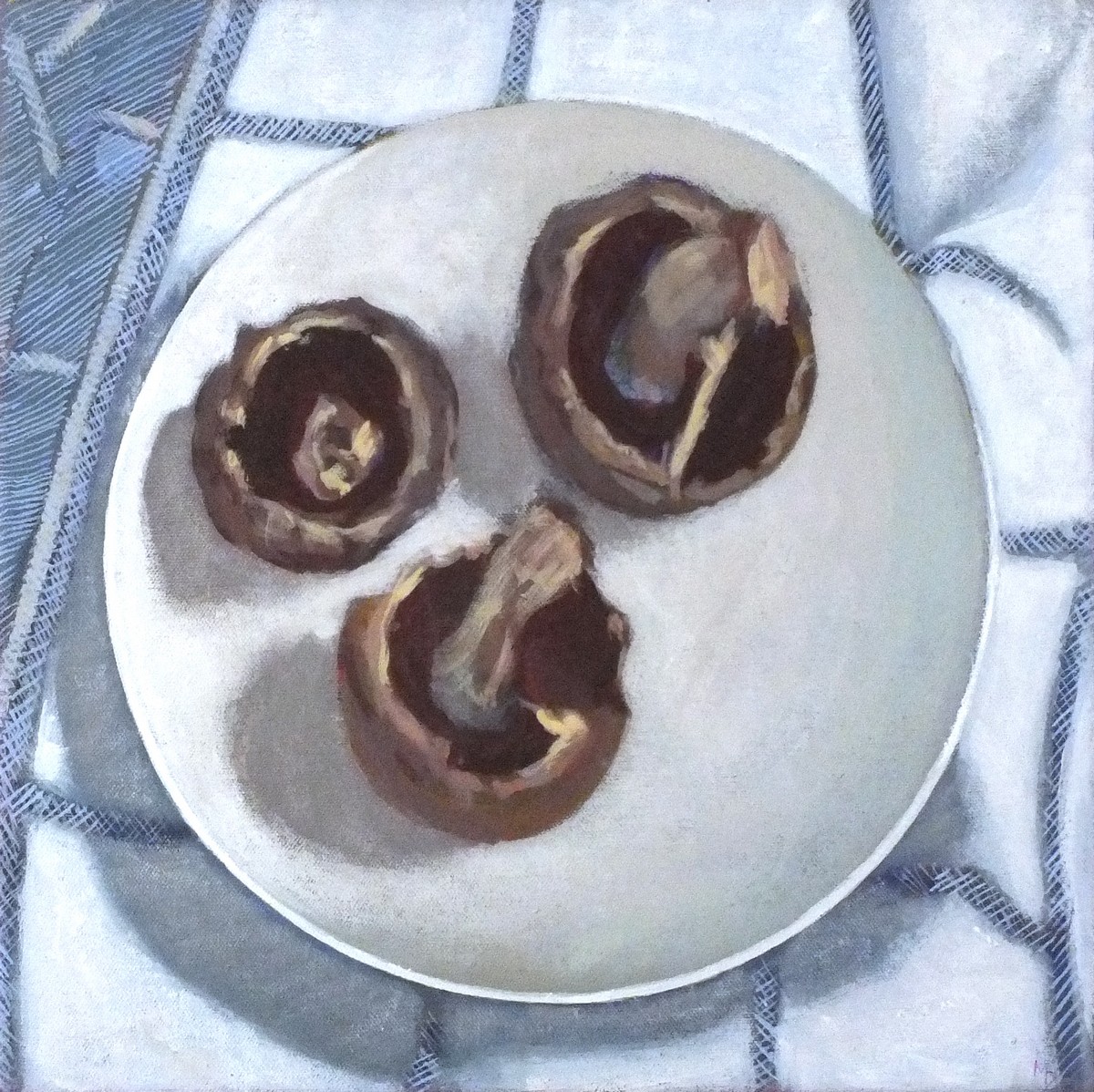 Margaret DEAN (British b.1939) Still life - 3 Mushrooms, Oil on canvas, Titled, signed & dated