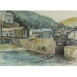 Richard SLATER (British b. 1927) Harbour Wall Polperro, Watercolour, Signed lower right, titled to