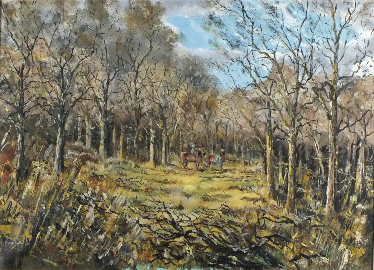 E W H Smith (20th Century) Stags in a Woodland Clearing, Oil on canvas, Signed and dated '78 lower