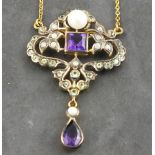 An amethyst, diamond, peridot and seed pearl pendant,  in the belle epoque style
