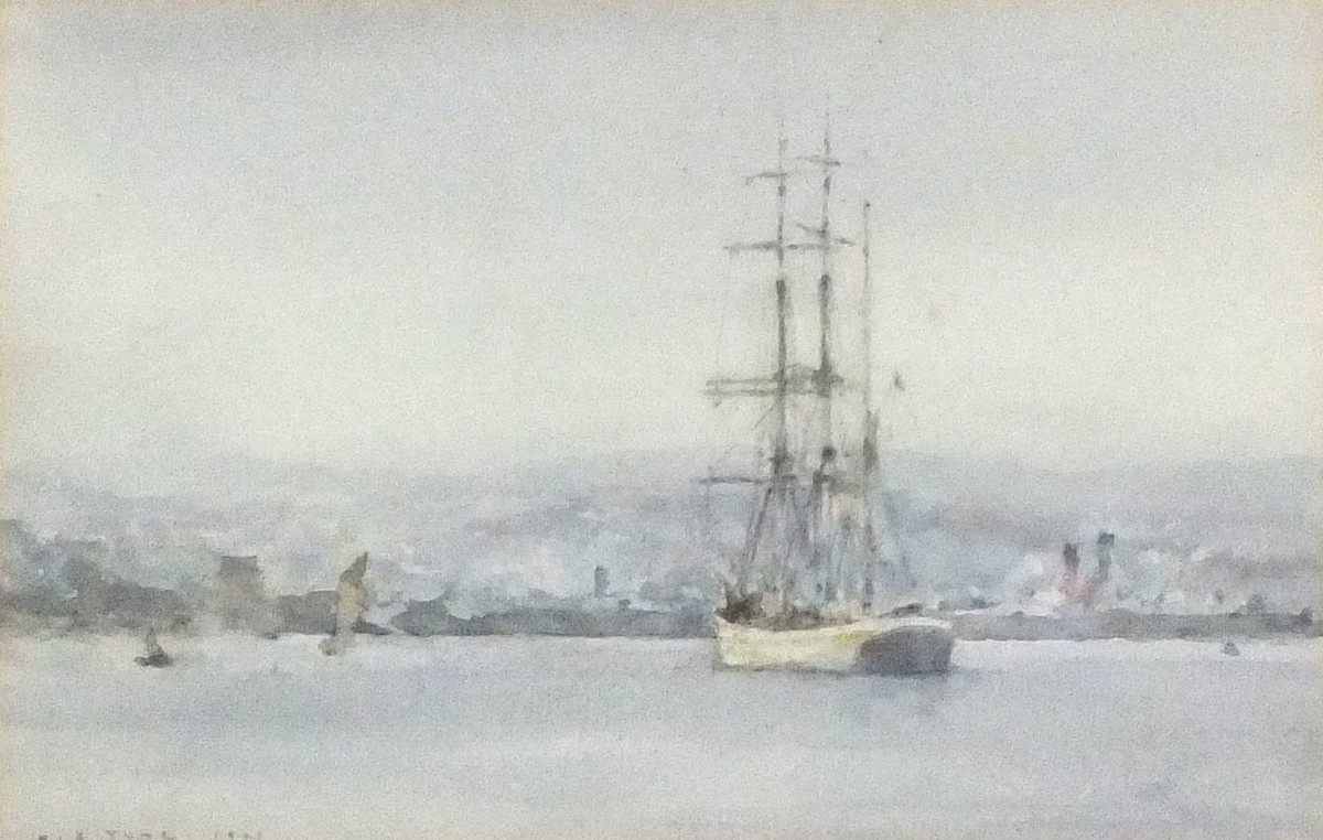 Henry Scott TUKE (British 1858-1929) Barque at Anchor opposite Falmouth, Watercolour, Signed and