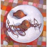 Margaret DEAN (British b.1939) Still life -  2 New Onions, Oil on canvas, Titled, signed & dated