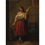 19th Century Italian School, Peasant Girl Wool Winding, Oil on panel, 6" x 4.75" (15cm x 12cm)