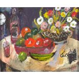 Roy DAVEY (British b.1946) Still Life - Fruit Bowl & Flowers , Acrylic on canvas board, Signed ROY