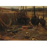 Alexander Carruthers GOULD (British 1870-1948) In Minehead Harbour Colliers at Low Tide, Oil on
