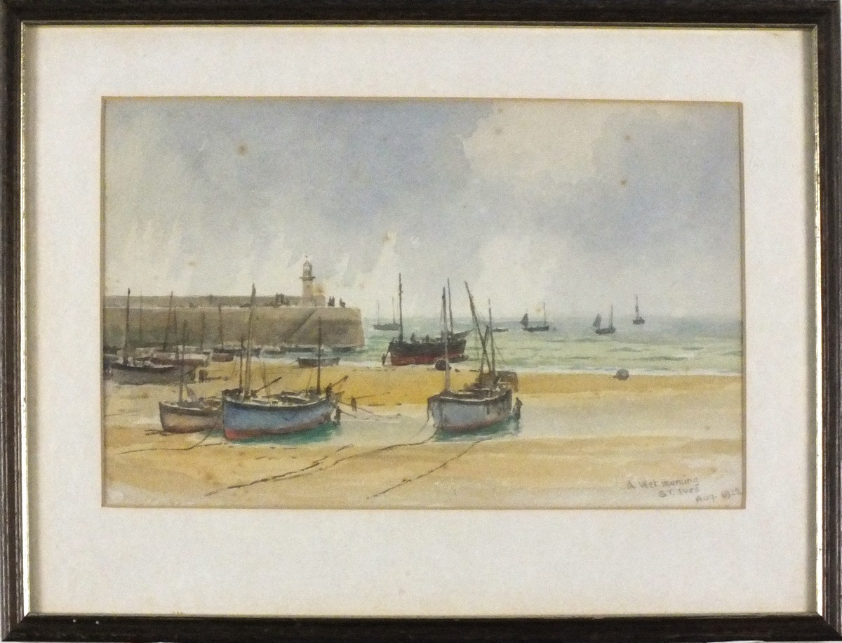 W S TOMKIN (British early 20th century) A Wet Morning St Ives, - low tide with fishing vessels, - Image 2 of 2