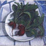 Margaret DEAN (British b.1939)  Still life - Radish on a Plate, Oil on canvas, Titled, signed &