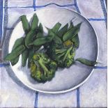 Margaret DEAN (British b.1939) Still life - Mangetout & broccoli, Oil on canvas, Titled, signed &