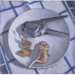 Margaret DEAN (British b.1939) Still life - Garlic & Garlic Press, Oil on canvas, Titled, signed &