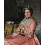 19th Century French School Elegant Lady Seated wearing a Pink Dress, Oil on canvas, 29.5" x 37.