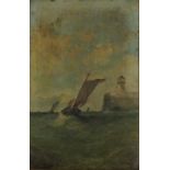 19th Century English School Fishing Vessels Passing a Harbour Entrance, Oil on canvas, 21.75" x 13.