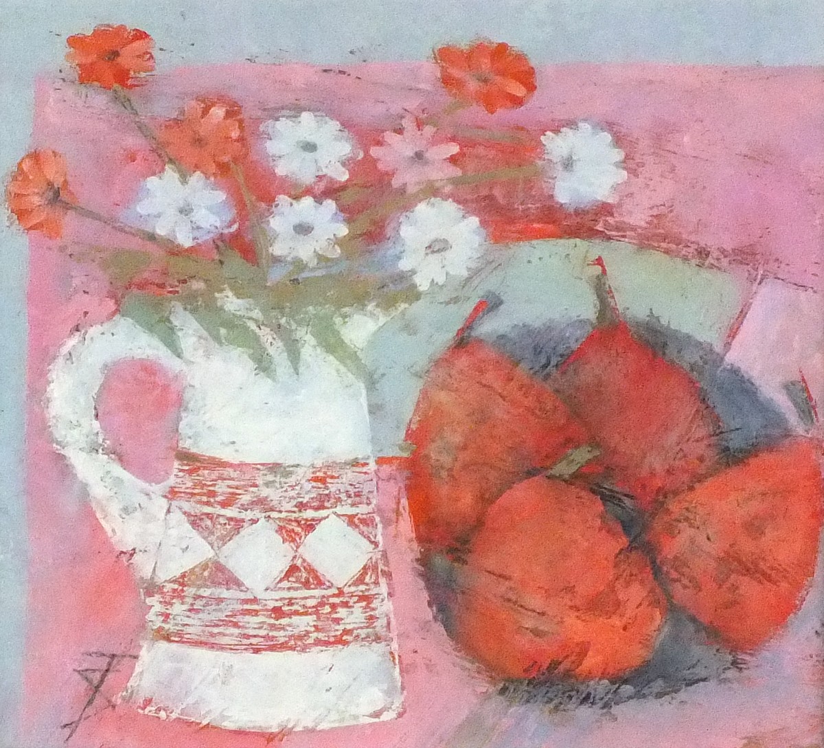 Sheila TOLLEY R W A Snr (British b. 1939) Cornish Flowers and Pink Pears, Oil on board, Signed