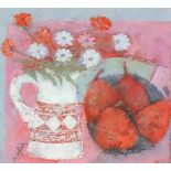 Sheila TOLLEY R W A Snr (British b. 1939) Cornish Flowers and Pink Pears, Oil on board, Signed