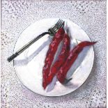 Margaret DEAN (British b.1939) Still life - 3 Chilli Peppers & Fork, Oil on canvas, Titled, signed &