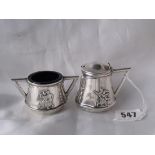 Bell shaped mustard pot and a matching salt decorated with figures 3” over handle Sheff. 1905