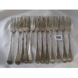Good set of 12 OEP table forks with plain terminals. London 1795 by script J.W. 815g