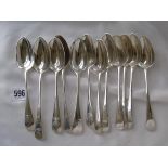 Good group of 12 Georgian OEP desert spoons 1761, 1797/1800 etc. 400g