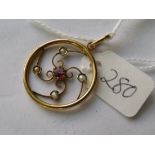 A circular amethyst and pearl set antique gold mounted pendant