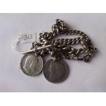A heavy silver watch chain with coin fobs 102g