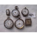 Three silver wrist watches and three silver fog watches