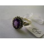 9ct amethyst & diamond cluster ring approx size 'M'