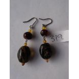 Pair silver and natural amber drop earrings