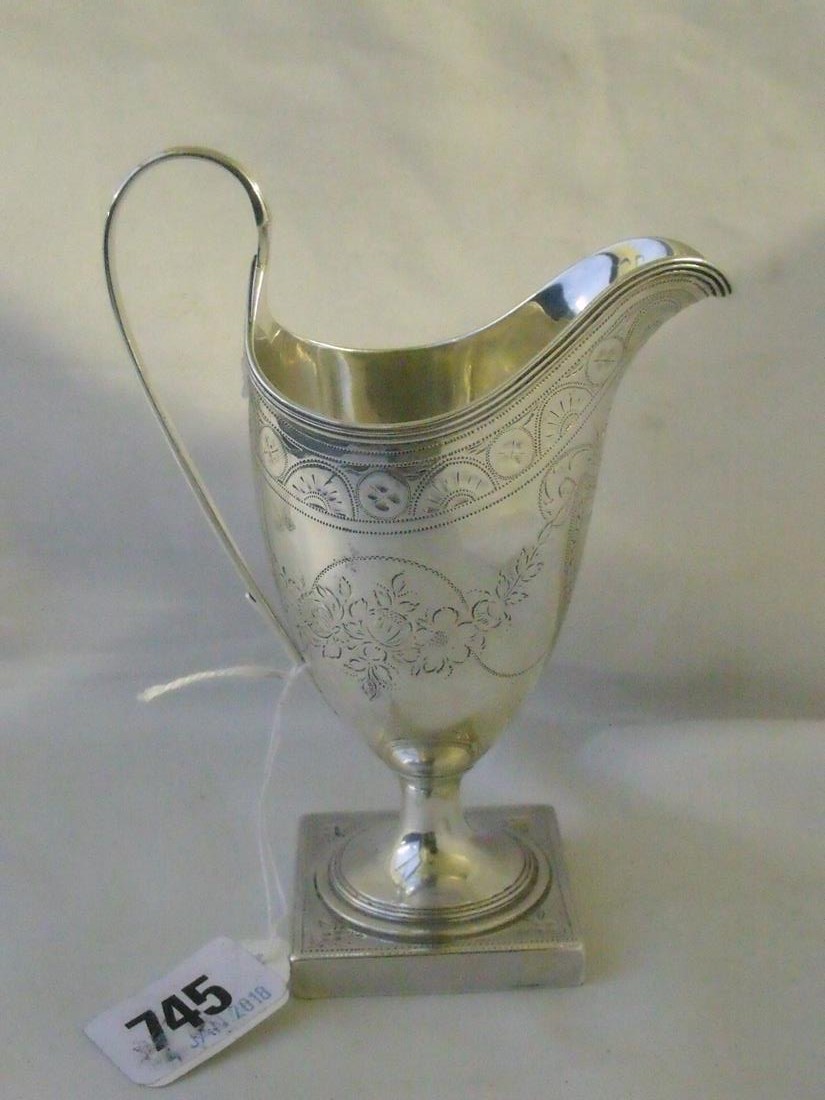 Georgian bright cut helmet shaped cream jug, on square pedestal foot 4” over handle Lon. 1793 By